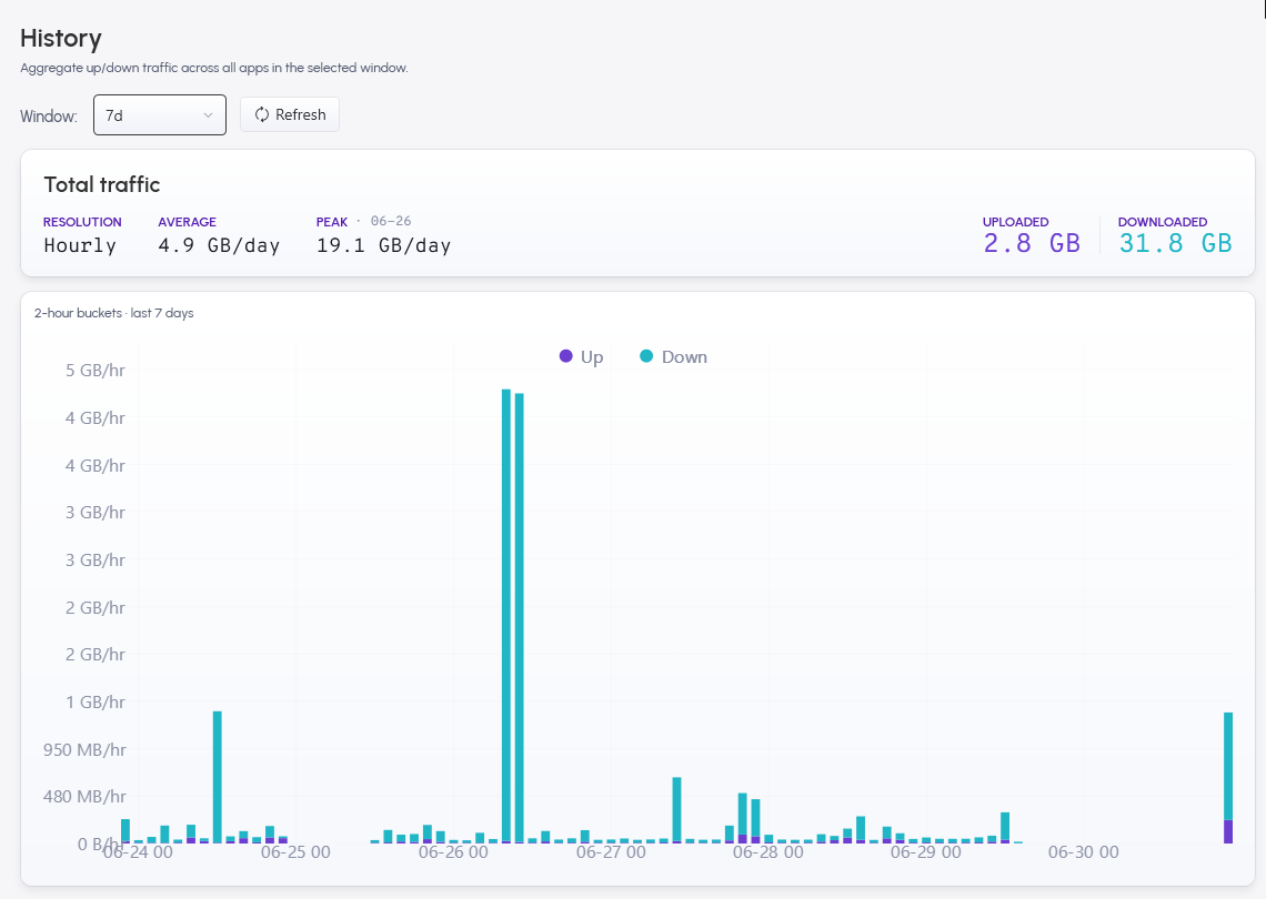 The History view, a running record of network use with daily totals.