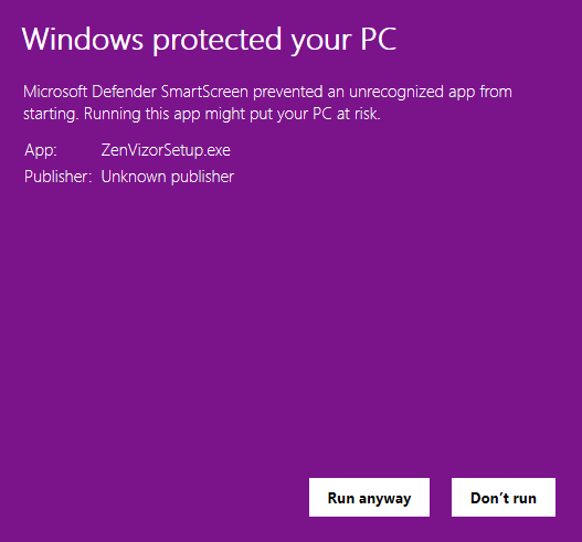 The Windows SmartScreen dialog that appears the first time you run the installer.